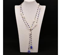 FQHIDMOMX 59" Cultured White Rice Pearl Blue Zircon Oval Beads Pendant Crystal Chain Long Necklace