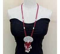 FQHIDMOMX 8x10mm Freshwater Cultured White Keshi Pearl Red Crystal Necklace 46x60mm Pave Peacock Pendant 29"