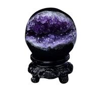 FQHIDMOMX Amethyst Druzy Geode Gemstone Sphere with Wood Stand Crystal Ball for Fortune Telling Divination Home Office Decor,160~200g