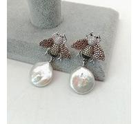 FQHIDMOMX Animal Earrings cultured White Coin freshwater Pearl Cubic Zirconia Pave Bee Stud Earrings cute earrings