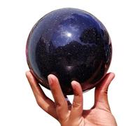 FQHIDMOMX Blue Goldstone Gemstone Sphere Synthetic Crystal Ball with Wood Stand Crafts Living Room Office Home Decor,7.5~8cm