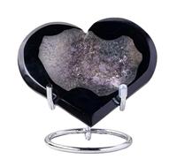 FQHIDMOMX Crystal Black Agate Geode Heart Shaped Gray Striped Slice with Display Stand Home Office Desk Decorative Gifts for Women Men,100-200g