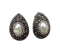 FQHIDMOMX Cultured White Freshwater pearl Black Pave Stud Earrings