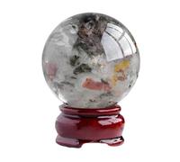 FQHIDMOMX Green Ghost Crystal Ball with Wood Stand,Polished Rock Quartz Sphere Sculpture Figurine,for Witchcraft, Fengshui, Aura Home Desk Decor,70~80mm