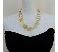 FQHIDMOMX Lemon Quartz Rough round Agate White Biwa freshwater Pearl Round choker Necklace 21" for women