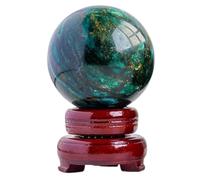 FQHIDMOMX Polished Green Mica Sphere Gemstone Ball Sculpture Figurine with Wooden Stand,Crystal Quartz for Home Office Decoration,50~55mm