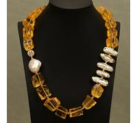 FQHIDMOMX White Biwa Pearl Yellow Glass Quartz Rough Choker Necklace 21.5" Vintage For Lady Gifts