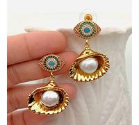 FQHIDMOMX White freshwater Pearl Shell drop Cubic Zirconia Evil Eye Yellow Gold color Charm Stud Earrings Sweet Gift Jewelry