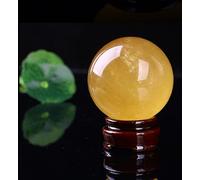 FQHIDMOMX Yellow Crystal Ball Ornaments Raw Stone Polished Citrine Quartz Sphere Calcite Iceland Spar Figurine with Wood Stand,13cm/5.1in