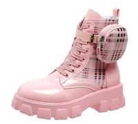 FQLGJMY Botas de combate con encaje de la plataforma de las mujeres Botas cortas de tacón bajo con bolsillo de bolsillo de tacón medio de la sola gruesa de la motocicleta de otoño de invierno