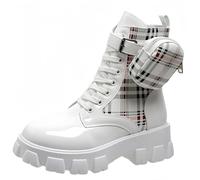 FQLGJMY Botas de combate con encaje de la plataforma de las mujeres Botas cortas de tacón bajo con bolsillo de bolsillo de tacón medio de la sola gruesa de la motocicleta de otoño de invierno