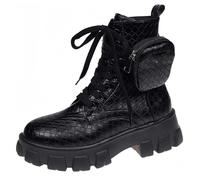 FQLGJMY Botas de combate con encaje de la plataforma de las mujeres Botas cortas de tacón bajo con bolsillo de bolsillo de tacón medio de la sola gruesa de la motocicleta de otoño de invierno