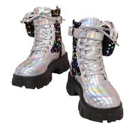 FQLGJMY Botas de combate con encaje de la plataforma de las mujeres Botas cortas de tacón bajo con bolsillo de bolsillo de tacón medio de la sola gruesa de la motocicleta de otoño de invierno