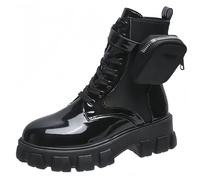 FQLGJMY Botas de combate con encaje de la plataforma de las mujeres Botas cortas de tacón bajo con bolsillo de bolsillo de tacón medio de la sola gruesa de la motocicleta de otoño de invierno