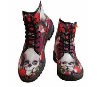 FQLGJMY Botines de Mujer con Estampado Floral Perro Mariposa Calavera y Flores Estilo Gótico Botas Plataforma Cordones Piel Ideales Para Navidad Halloween Fiestas Navideñas