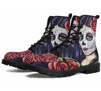 FQLGJMY Botines de Mujer Estilo Gótico Con Calavera Flores Rosas y Llamas Botines Ligeros Piel Cordones Punta Redonda Plataforma Ideales Para Combinar Jeans Vestidos un Casual El Día Viajes Fiestas