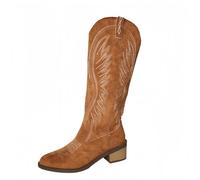 FQLGJMY Mujeres medio ternera rodilla alta vaquero botas de combate vintage diseño de flores étnicas cuero encaje hasta dedo del pie redondo grueso tacones bajos botas de cabalgado Boho invierno