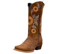 FQLGJMY Mujeres medio ternera rodilla alta vaquero botas de combate vintage diseño de flores étnicas cuero encaje hasta dedo del pie redondo grueso tacones bajos botas de cabalgado Boho invierno