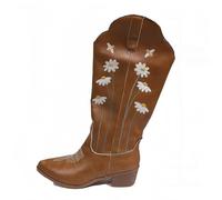 FQLGJMY Mujeres medio ternera rodilla alta vaquero botas de combate vintage diseño de flores étnicas cuero encaje hasta dedo del pie redondo grueso tacones bajos botas de cabalgado Boho invierno