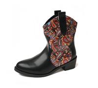 FQLGJMY Mujeres medio ternera rodilla alta vaquero botas de combate vintage diseño de flores étnicas cuero encaje hasta dedo del pie redondo grueso tacones bajos botas de cabalgado Boho invierno