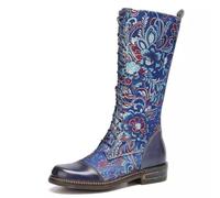 FQLGJMY Mujeres medio ternera rodilla alta vaquero botas de combate vintage diseño de flores étnicas cuero encaje hasta dedo del pie redondo grueso tacones bajos botas de cabalgado Boho invierno