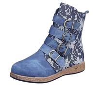 FQLGJMY Mujeres medio ternera rodilla alta vaquero botas de combate vintage diseño de flores étnicas cuero encaje hasta dedo del pie redondo grueso tacones bajos botas de cabalgado Boho invierno