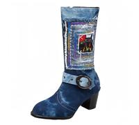 FQLGJMY Mujeres medio ternera rodilla alta vaquero botas de combate vintage diseño de flores étnicas cuero encaje hasta dedo del pie redondo grueso tacones bajos botas de cabalgado Boho invierno