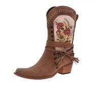 FQLGJMY Mujeres medio ternera rodilla alta vaquero botas de combate vintage diseño de flores étnicas cuero encaje hasta dedo del pie redondo grueso tacones bajos botas de cabalgado Boho invierno