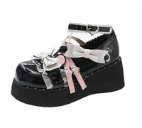 FQLGJMY Zapatos De Cuero Estilo Lolita Mary Jane para Mujer Estilo Gótico Punta Redonda Tacón De Plataforma Grueso Lazo De Encaje Estilo Punk Rock Estilo Kawaii con Vestido De Princesa Burbuja JK