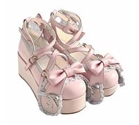 FQLGJMY Zapatos De Cuero Estilo Lolita Mary Jane para Mujer Estilo Gótico Punta Redonda Tacón De Plataforma Grueso Lazo De Encaje Estilo Punk Rock Estilo Kawaii con Vestido De Princesa Burbuja JK