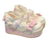 FQLGJMY Zapatos De Cuero Estilo Lolita Mary Jane para Mujer Estilo Gótico Punta Redonda Tacón De Plataforma Grueso Lazo De Encaje Estilo Punk Rock Estilo Kawaii con Vestido De Princesa Burbuja JK