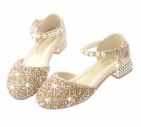 FQLGJMY Zapatos de Vestir para Niñas Mary Jane Tacón Bajo Tira al Tobillo Punta Cerrada Brillo Princesa Cristal Perla Lazo Boda Cumpleaños Actuación Cosplay Fiesta Escolar Navidad para Niños Pequeños