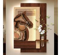 FQWYNMZ Pintura Decorativa 3D de Arenisca para la Entrada, Escultura de Pared de Caballo con Jarrón de Vidrio y Plantas Artificiales, Cuadros Colgantes Verticales con Luz LED(Brown,70x100cm/28x39in)