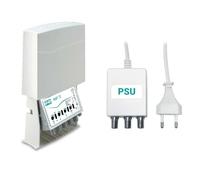 FRACARRO Amplificador de Mástil 4 Entradas (FM, III+DAB, UHF, SAT), 25dB de Ganancia, Salida UHF hasta 116dBμV - RED Compliant - Fuente de Alimentación Incluida, Zamak/ABS, DiSEqC (MAP2RFM3USATK)