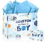 Frakron Outer Space - Bolsa de regalo de cumpleaños para baby shower, diseño de Houston con tarjeta de papel de regalo, planeta, astronauta, espacio, es un niño, bolsas de regalo para baby shower