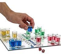 Framan Juego del Parchís con chupitos para Beber. Clásico Juego del Ludo con 15 Vasos de chupito, Tablero de Cristal y 2 Dados. 33x33cm