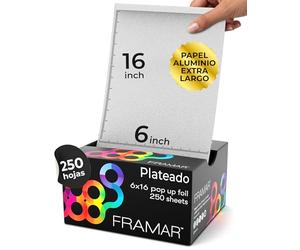 Framar 6x16 Papel Mechas Peluqueria - Papel Aluminio Peluqueria, Láminas para el Cabello Precortadas y Antideslizantes en Caja Dispensadora - Color Plateado, Extra Grande - 250 Hojas