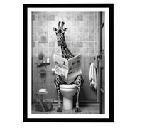 Framed Bathroom Wall Art - Black and White Giraffe Wall Decor, Frameless Funny Canvas Art with Giraffe Reading Newspaper on Toilet | Humorous Bathroom Decor Poster for Home, Restroom, Washroom, Hotel