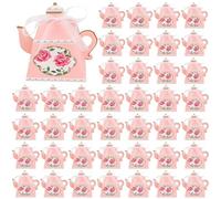 Framendino, Paquete de 50 cajas de tetera para caramelos, mini tetera de recuerdo de tetera floral vintage con cinta para la hora del té, jardín, boda, novia, decoración de fiesta de cumpleaños (rosa)