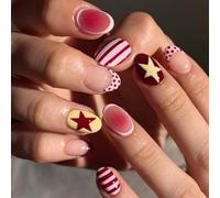 Francés con puntos, rayas y estrellas, elegantes uñas artificiales de ABS para mujer, conjunto de arte diario y especial Unguis en otoño e invierno