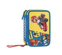Franco Cosimo Panini Mario Kart - Estuche Escolar Oficial Mario Kart, Estuche con 3 Compartimentos para niño y niña con Juego de papelería, bolígrafo borrable Azul y práctico Cierre de Cremallera