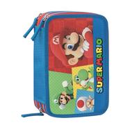 Franco Cosimo Panini Super Mario - Estuche Escolar Oficial Super Mario, Estuche con 3 Compartimentos para niño y niña con Juego de papelería, bolígrafo borrable Azul y práctico Cierre de Cremallera