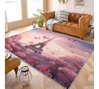 Franela Alfombras de Habitacion Antideslizantes 60x90 cm De EnsueñO Rosas Mariposas Torre Eiffel Tapete Suave que No se Desprende, Rosa Alfombras Para Interiores Para Sala, Dormitorio, Comedor