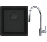 Franke Maris MRG 110-37 zlewozmywak 40x37 cm Fragranit + czarny mat z baterią kuchenną Eos stal szlachetna (1250697760, 1150590045)