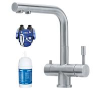 Franke Wellfresh 110 - Grifo de 3 vías con filtro Brita P1000, diseño en L, acero inoxidable macizo, grifo mezclador de tres vías para sistemas de ósmosis de agua potable.