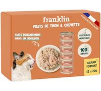 FRANKLIN - Comida húmeda para gatos - Filete de atún y camarón cocido en caldo - 100% natural, sin aditivos - Textura sabrosa - Rica en proteínas - Baja en calorías - Lote de 12 x 70 g