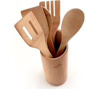 FranquiHOgar BAMBOONATUR 5 Herramientas Set Utensilios Cocina DE Madera DE BAMBÚ Y Bote Organizador CUCHARON Accesorios Cosas MENAJE ESPATULA Kitchen Gadgets