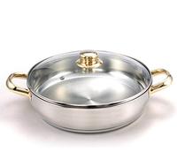 FranquiHOgar - Paellera de Acero Inoxidable 28 cm con Tapa de Cristal - Distribución Uniforme del Calor - Apta para Lavavajillas y Horno - Durabilidad y Limpieza Fácil, Dorado, 28cm, Metal