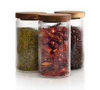 Frasco o Bote de Cristal con Estrías y Tapadera Hermética de Madera - Tarro de Cristal con Tapa para Galletas, Pasta, Harina o Azúcar - Tarro para Cocina, Despensa, Bar o Baño (27oz/800ml-3X)