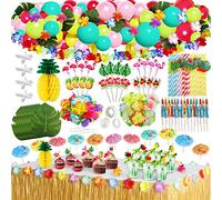 Frasheng 159 Pcs Hawaiano Luau Falda de Mesa Set de Decoración,Falda de Mesa Hawaiana de 9.6FT con Hawaiian Lei Flor Guirnalda y Piñas 3D Hawaianas Decoraciones de Mesa de Fiesta Tiki de Verano